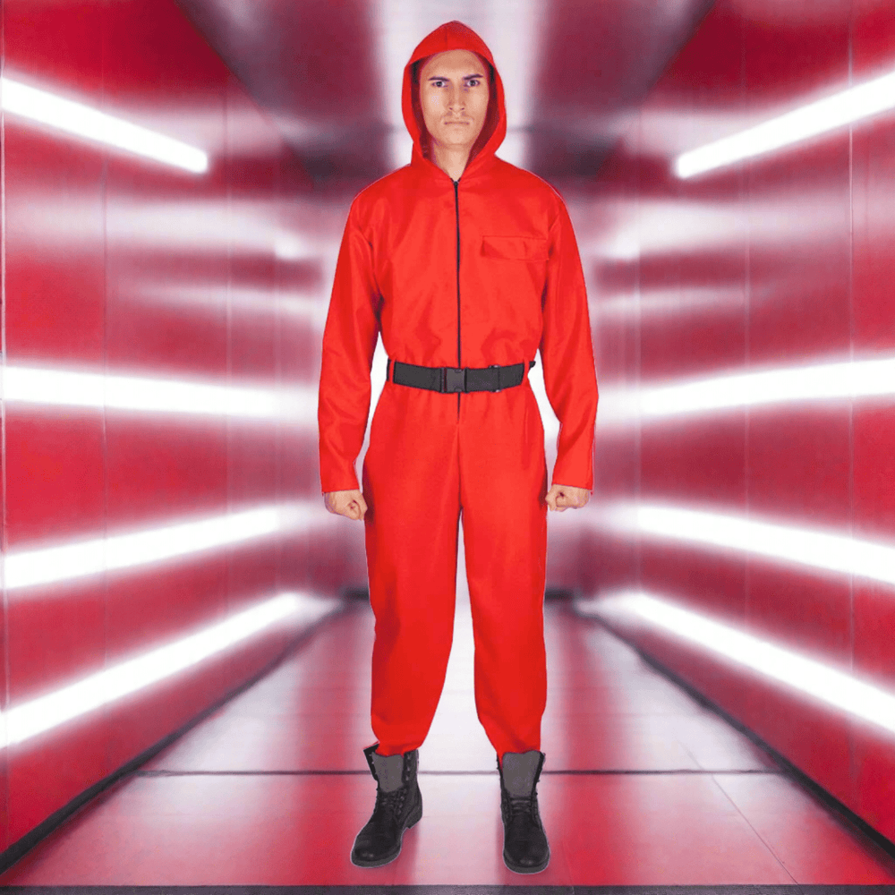 Red Game Show Jump Suit in a destopian corridor waiting for the game show to begin.