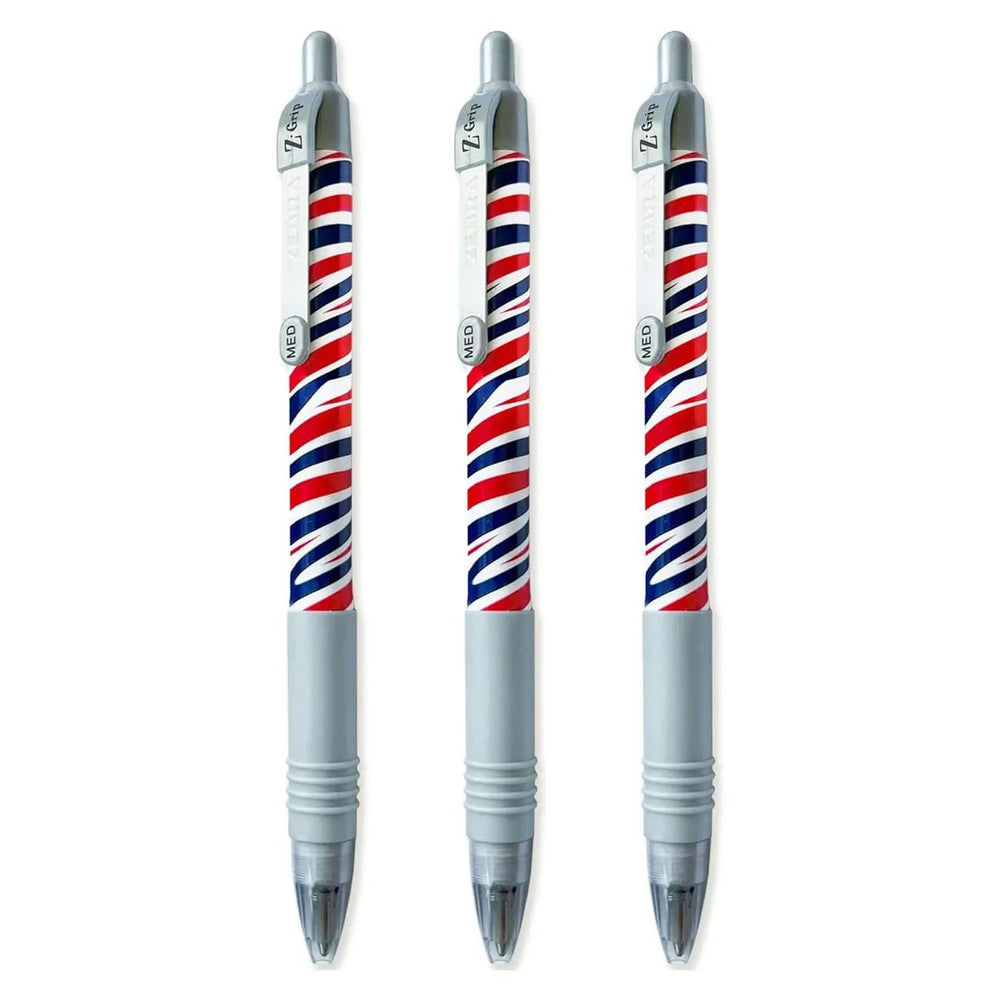 Set of 3 Z-Grip Zebra ballpoint pens with red white and black zebra pattern 