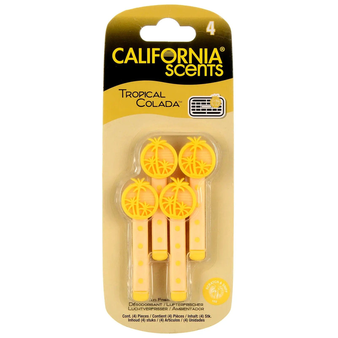 Pack of 4 Tropical Colada air freshener vent sticks with yellow palm trees from the California Scents brand