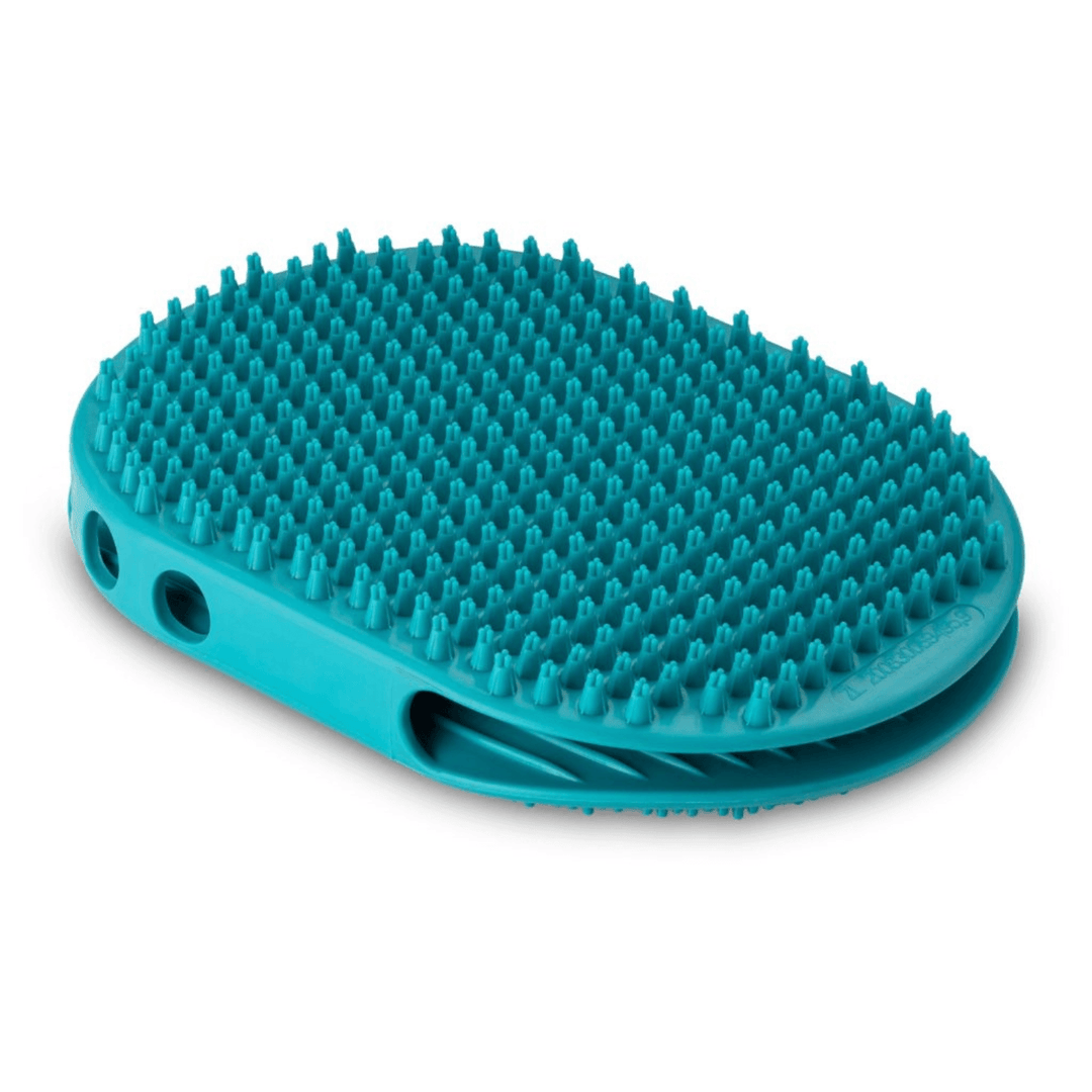 side view of pet shedding glove with triple edged rubber bristles