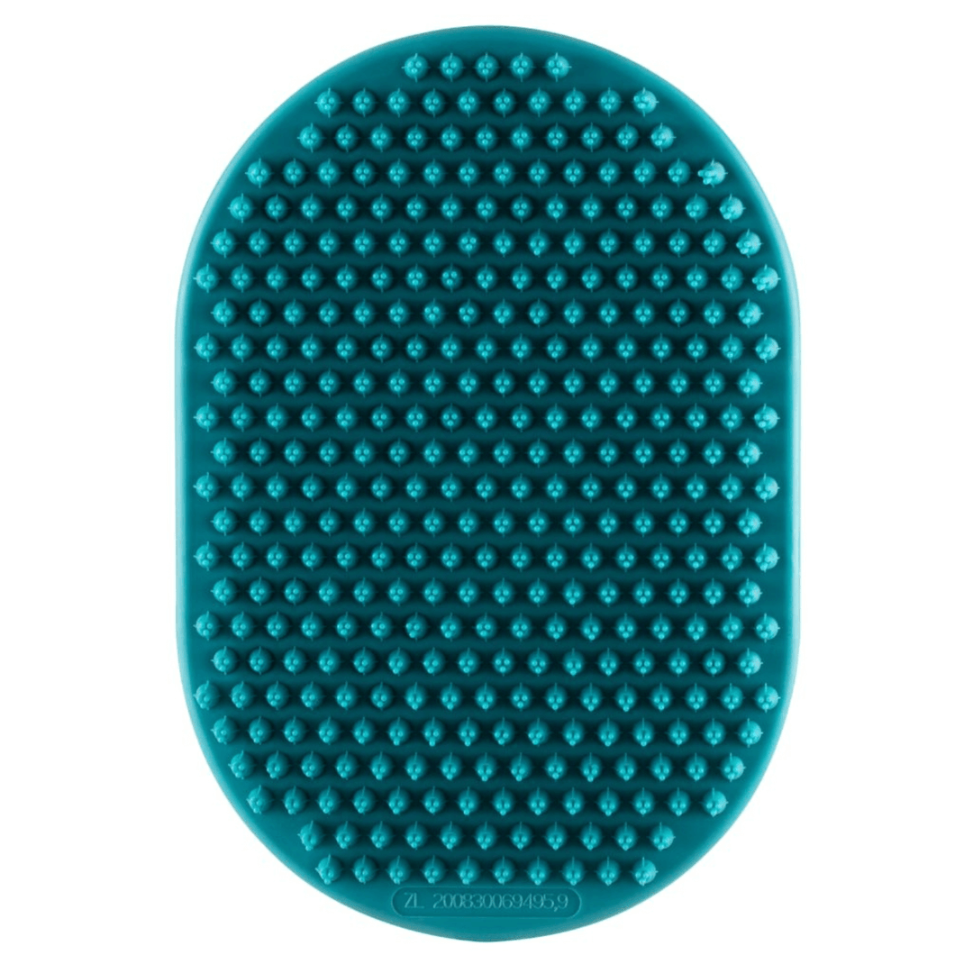 front view of teal shedding brush rubber bristles