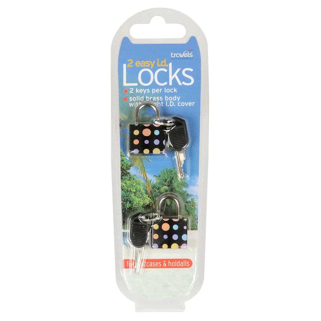 Pack of 2 brightly coloured spotted travel padlocks with keys ideal for suitcases