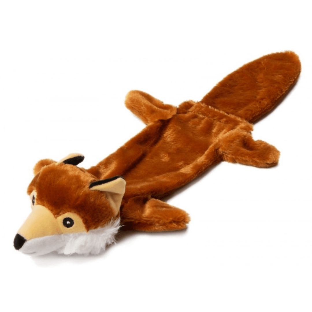 front view of pet fox toy with fluff body and opening for water bottle