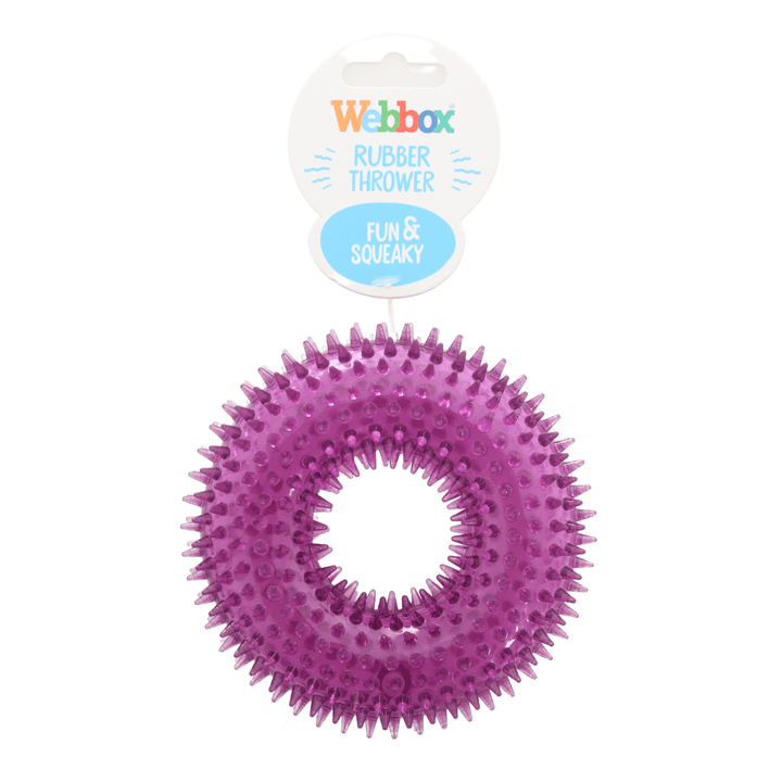 purple circular rubber thrower with webbox brand tag