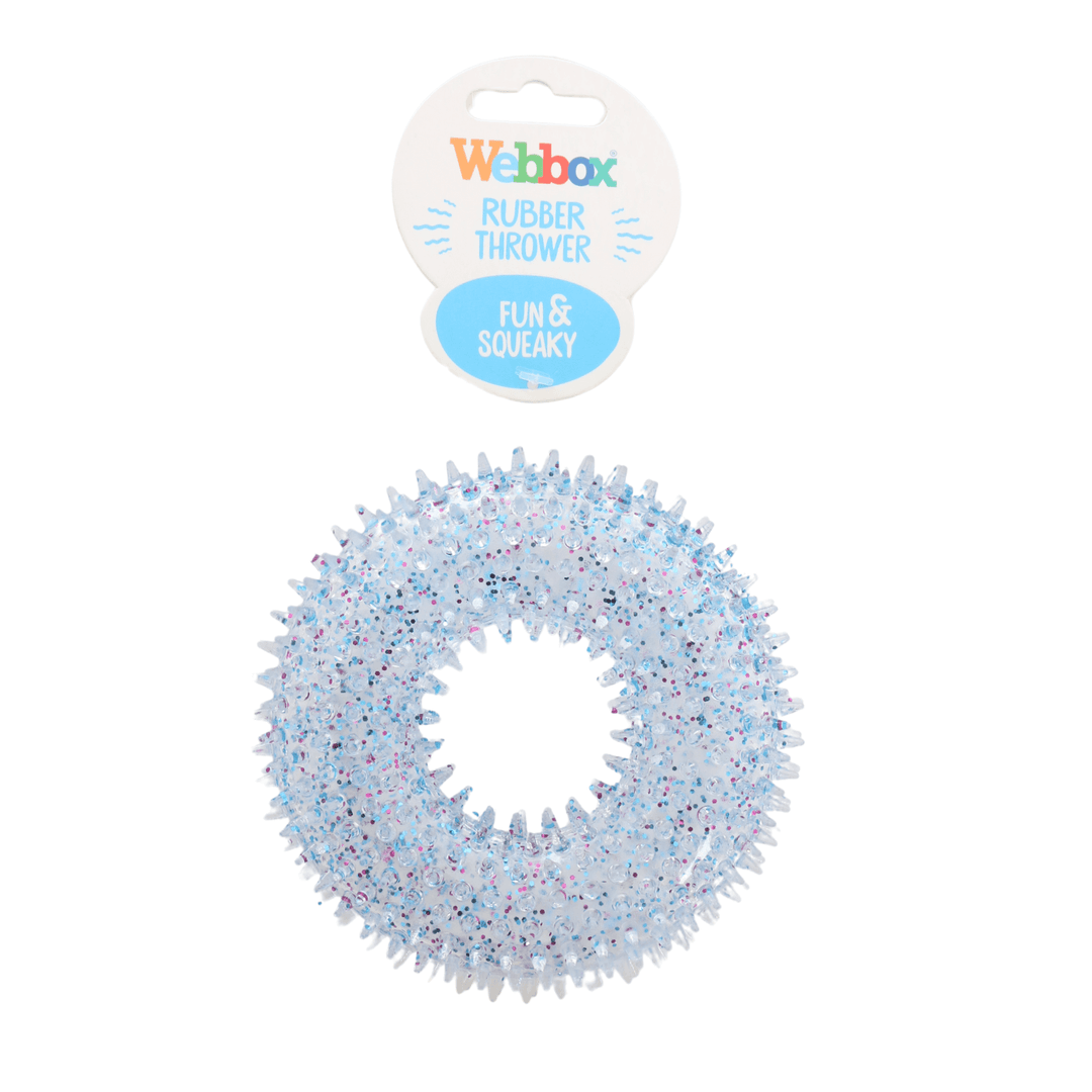 circular rubber thrower with transparent finish and glitter inside