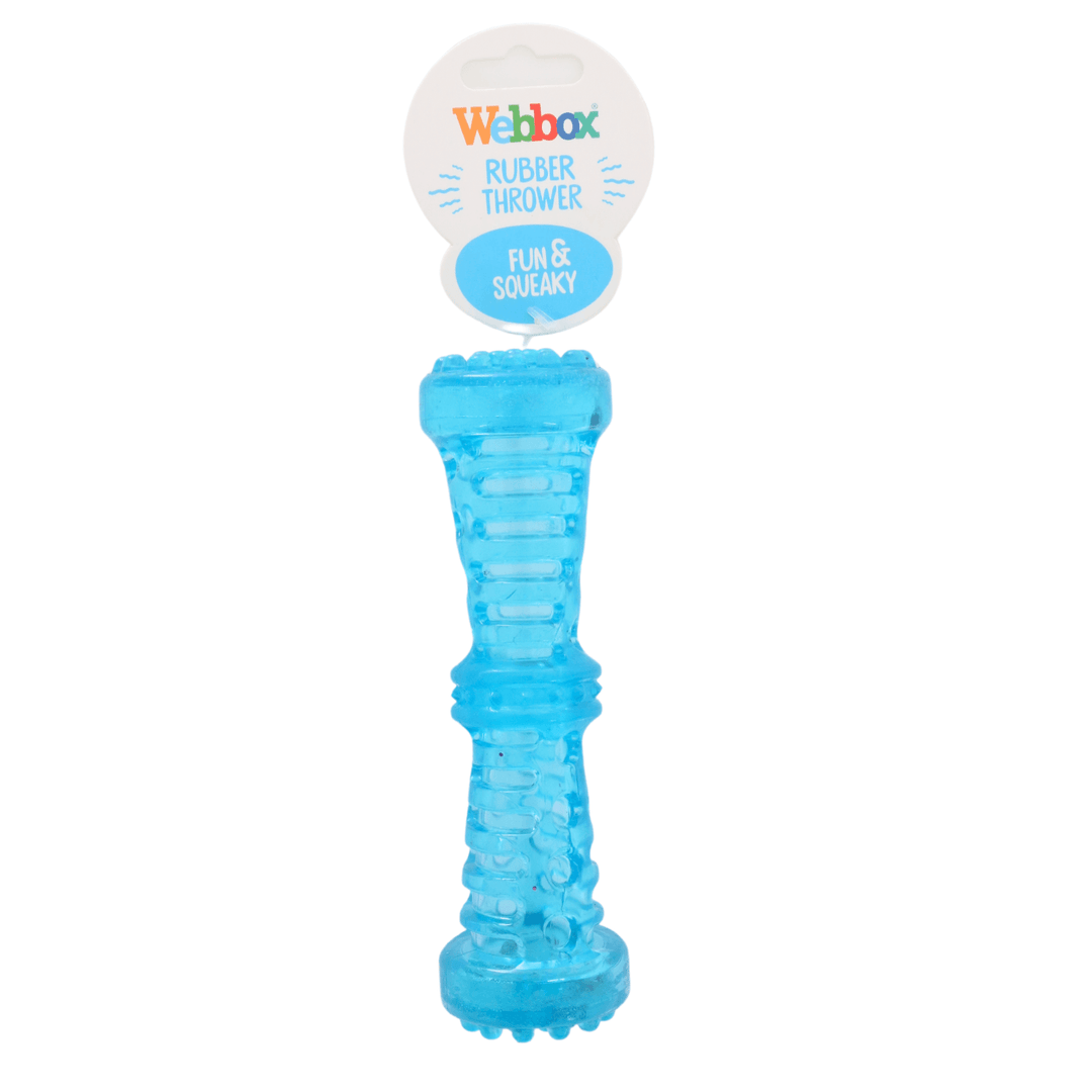 blue rubber thrower stick dog toy with webbox brand tag