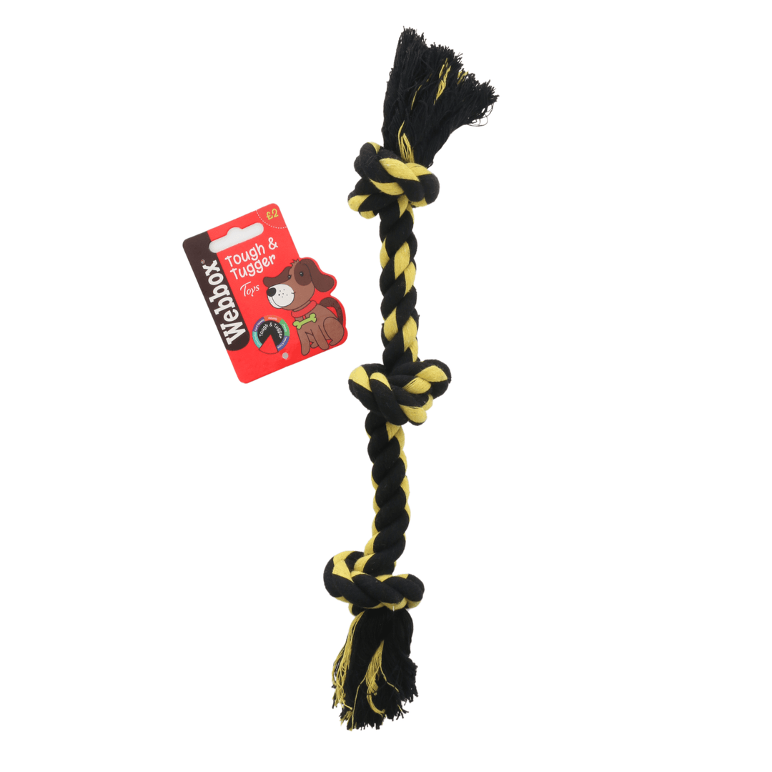 triple knotted dog rope toy with black and yellow cord and tough and tugger webbox brand tag