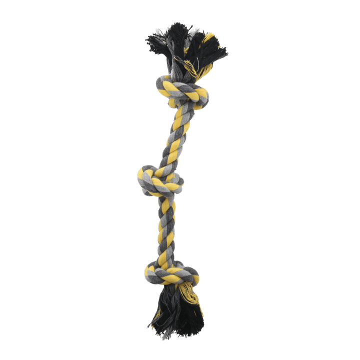 triple knotted rope dog toy with 2 tone grey and yellow finish