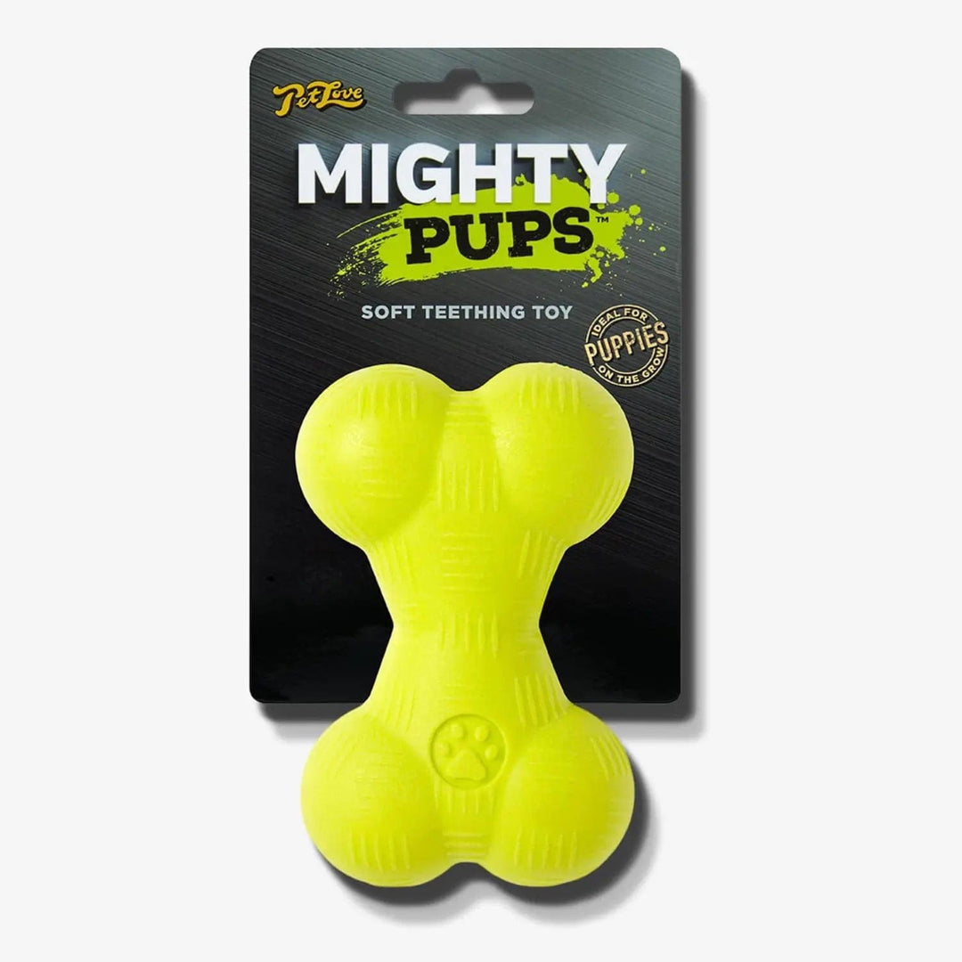 Mighty Pups bright lime green bone shaped soft teething toy ideal for puppies