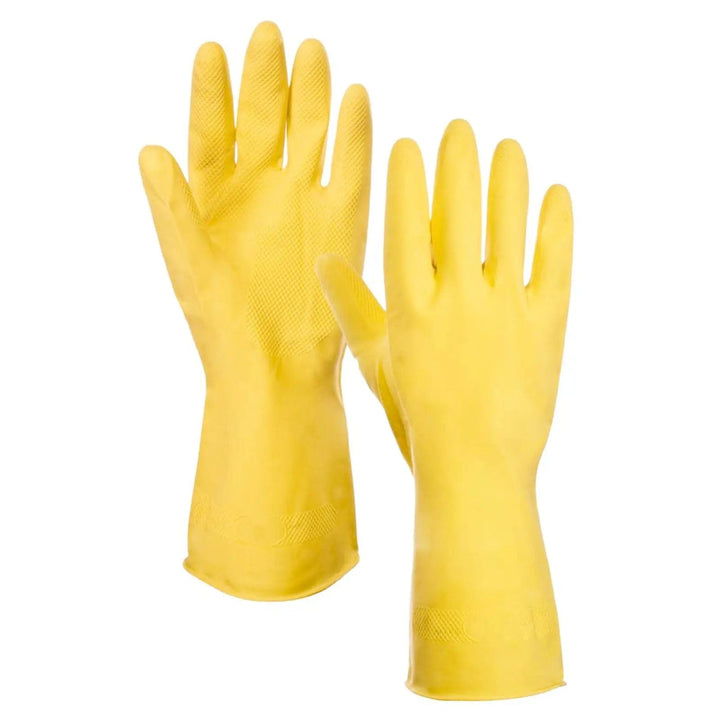 Pair of yellow rubber gloves with textured palm and soft lining for comfort and a good grip