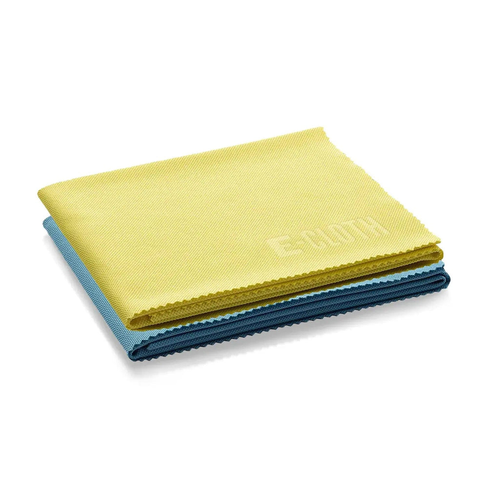 2 folded e-cloths in blue and yellow for glass cleaning