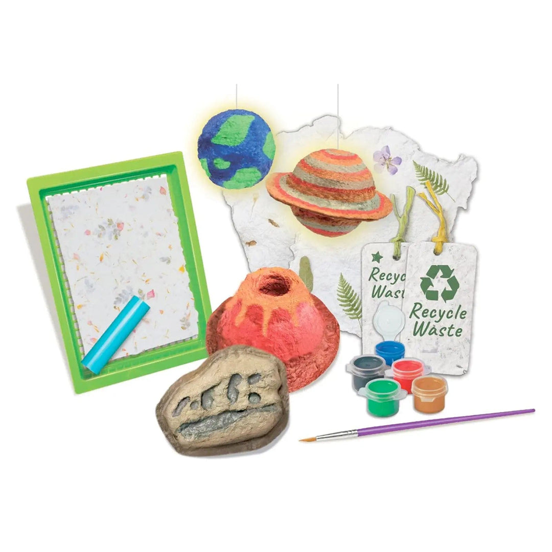 Contents of Science Museum paper making kit for kids to learn about recycling paper