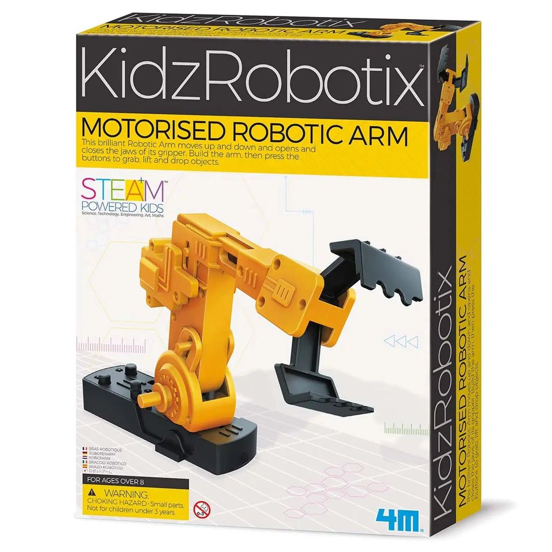 Yellow and black box packaging of kidzrobotix motorised robotic arm building kit