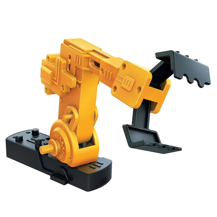 Black and yellow motorised robot arm with opening gripper