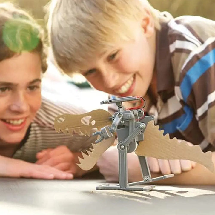 Children playing with solar powered robot with dinosaur head and tail