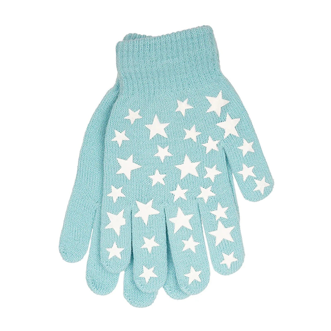 Aqua colour kids magic gloves with white star grips on the palm that glow in the dark