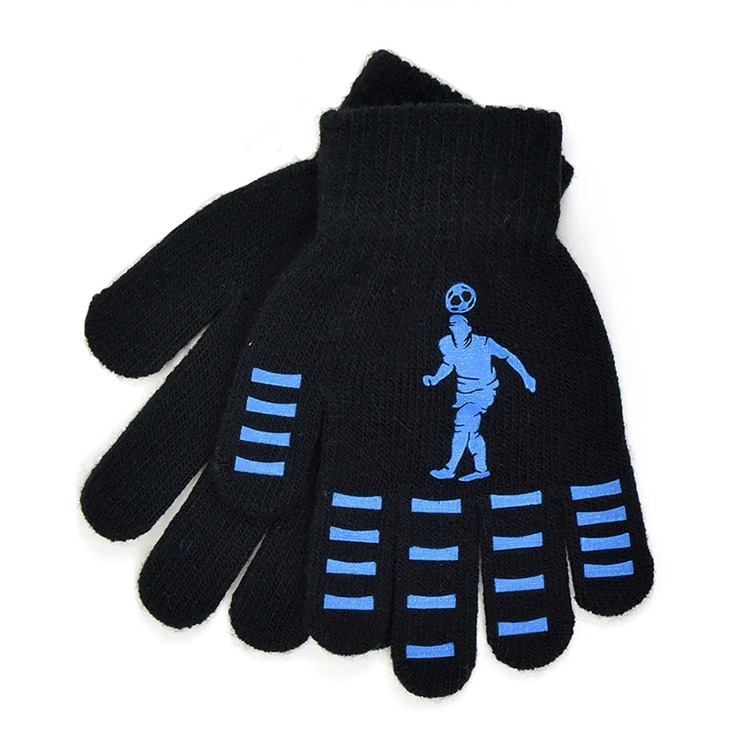 Kids magic gloves in black with football player in blue and blue strips on the palm for grip