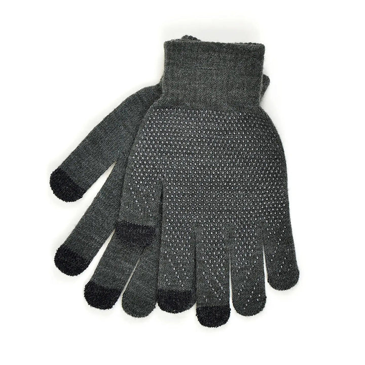 Mens dark grey touch screen gloves with gripper dots on the palm