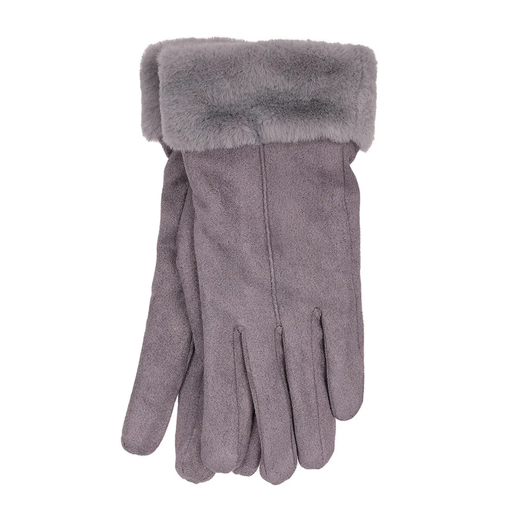 Grey faux suede ladies gloves with fur trim