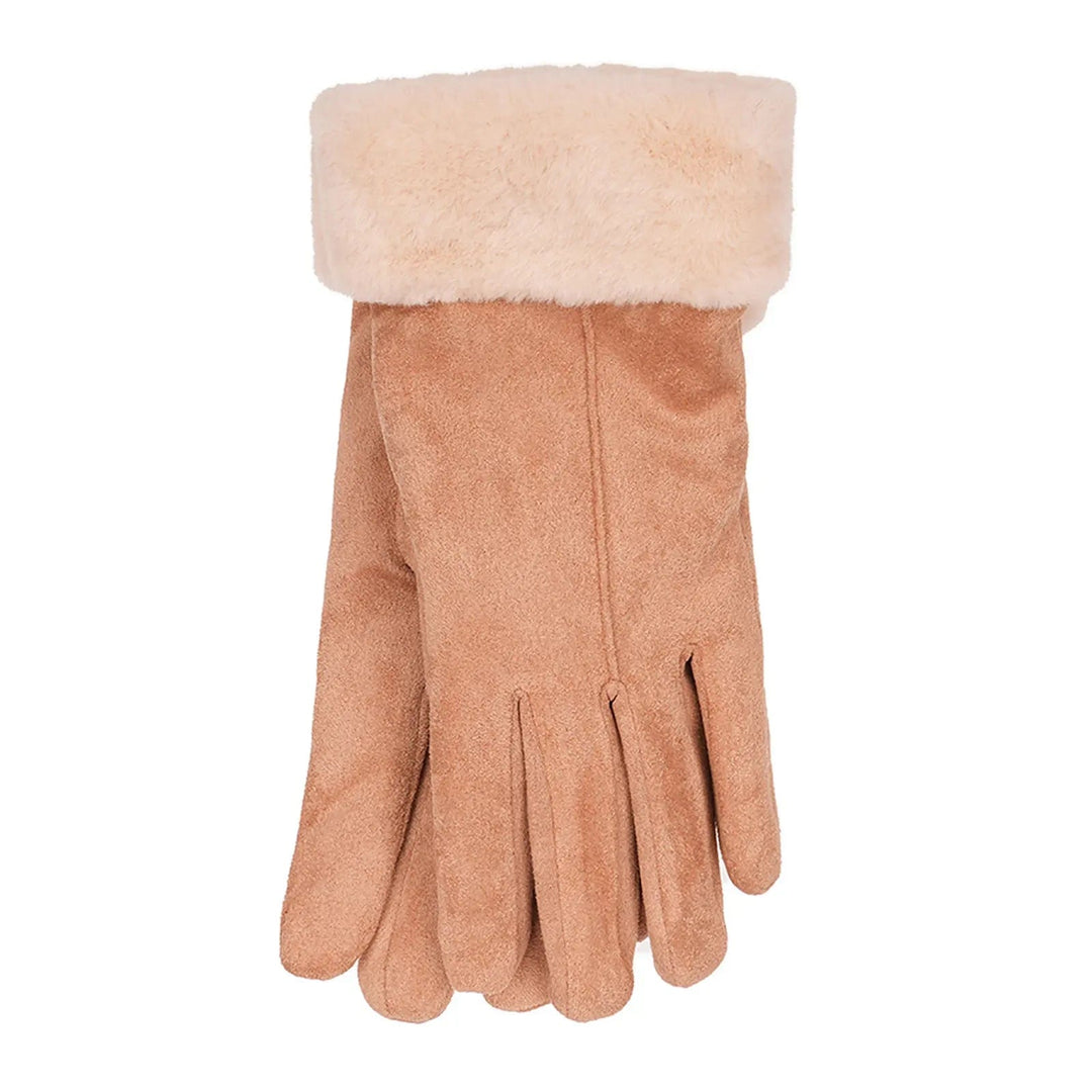 Camel colour faux suede ladies gloves with fur trim