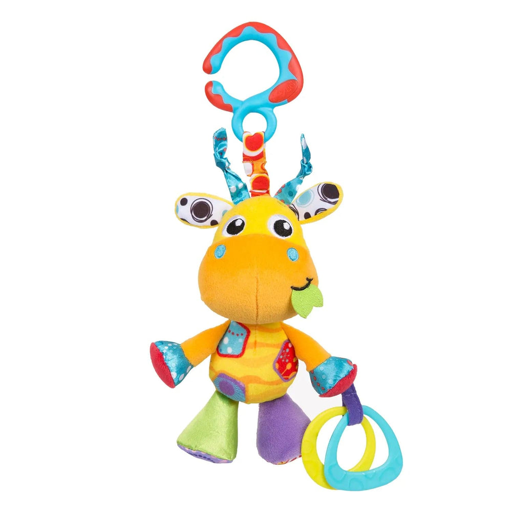 Brightly coloured giraffe baby toy with teething rings and hanging clip for the pram