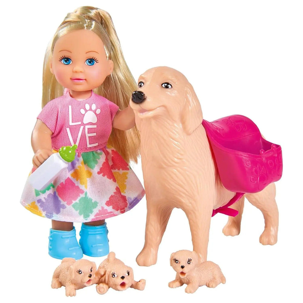 Evi Love fashion doll with baby bottle and dog with 3 puppies