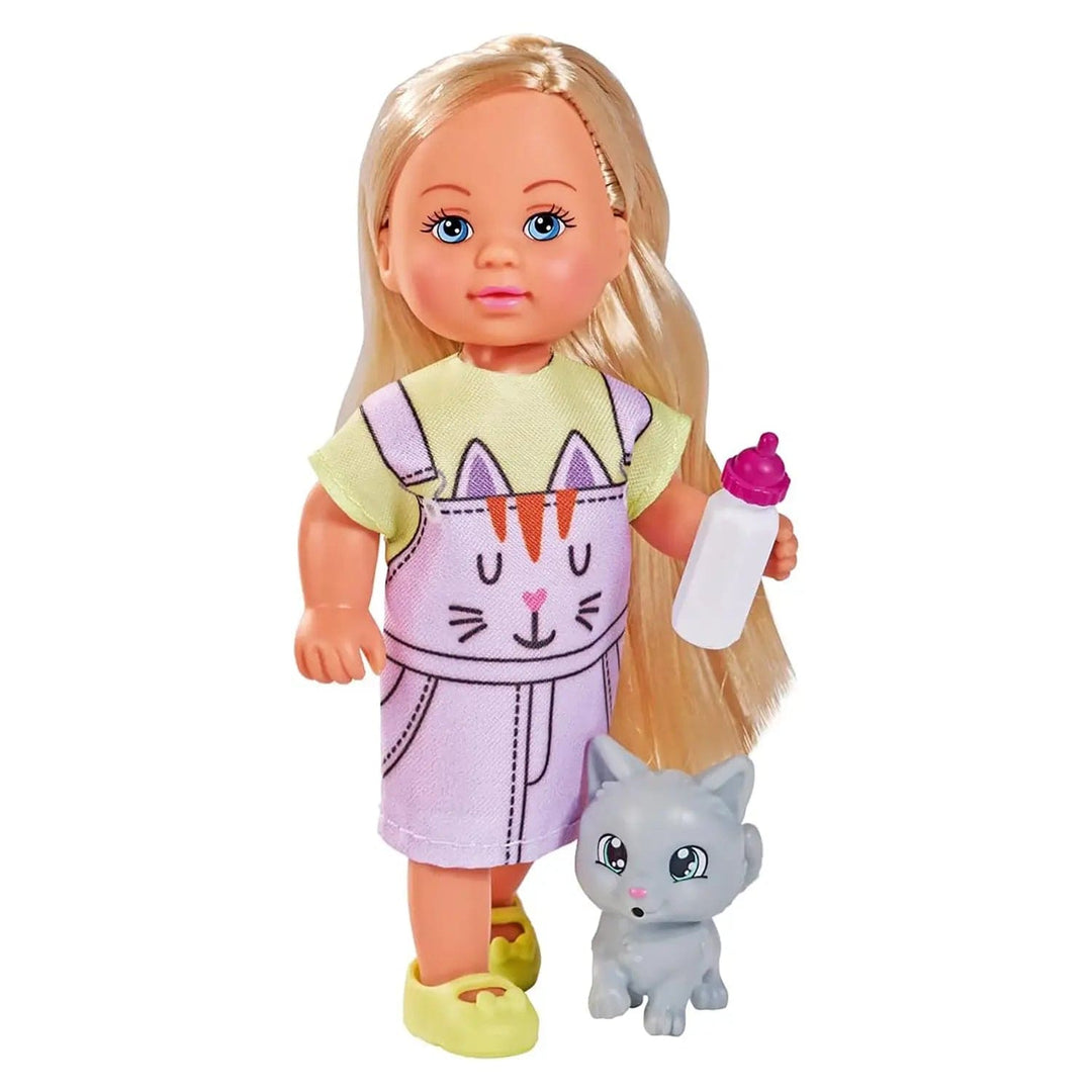 Evi Love fashion doll with grey kitten and baby bottle