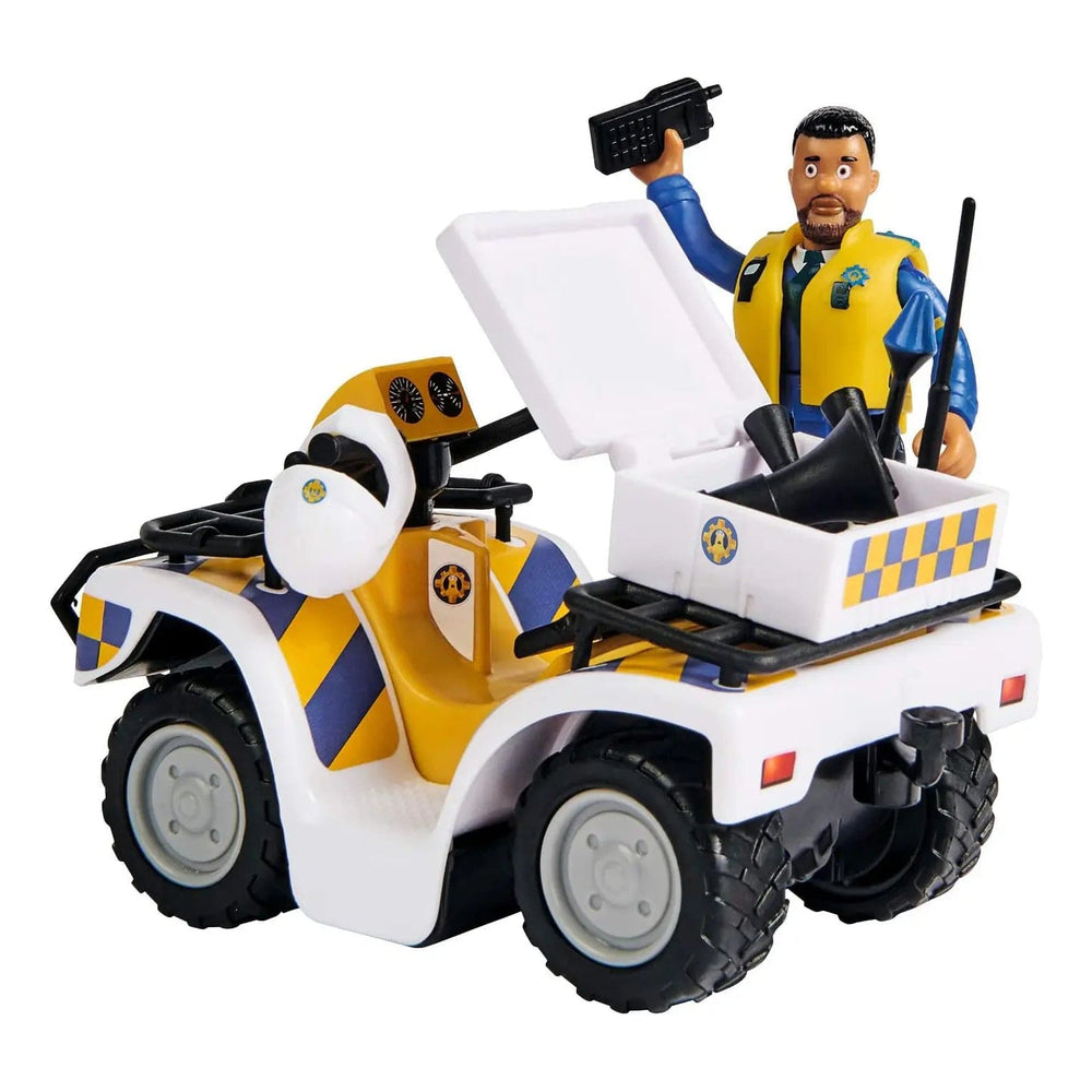 Policeman Malcolm figure with open box on play quad bike