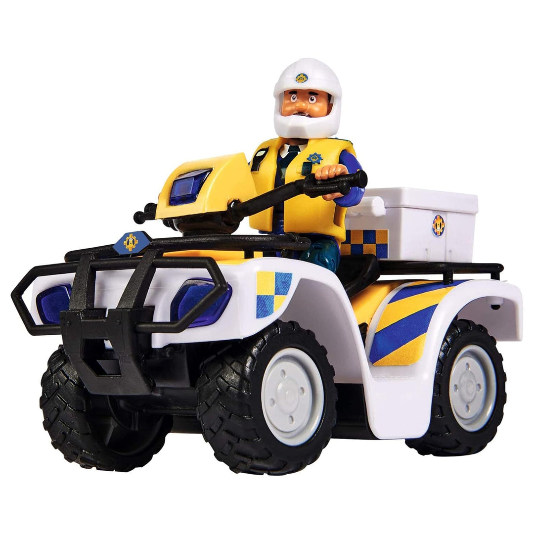 Fireman Sma character Policeman Malcolm with helmet on sitting on a police quad bike