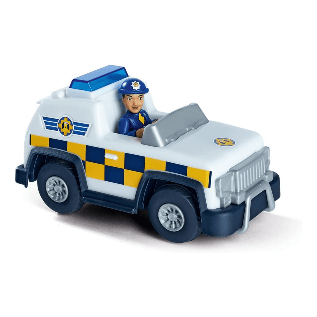 4x4 police vehicle on white background with rose ravani action figure inside driving