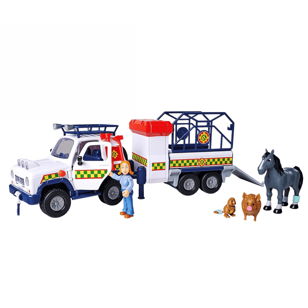 lizzie sparkes action figure opening door to 4 x 4 with animals lined up beside trailer