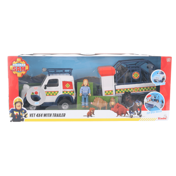 fireman sam vet 4x4 with trailer and animals playset in red branded box