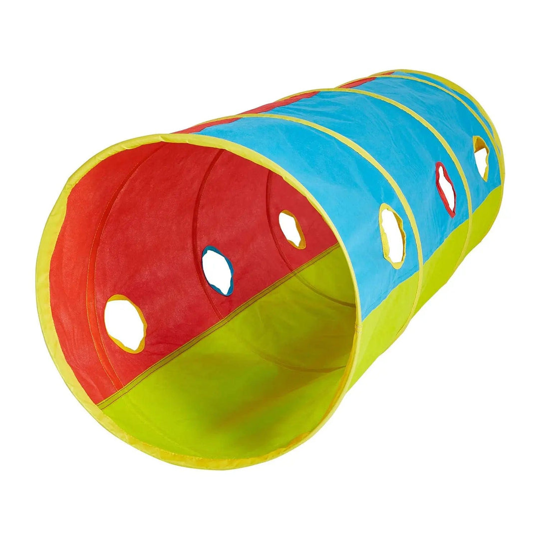 red, yellow and blue pop up play tunnel with porthole for hide and seek