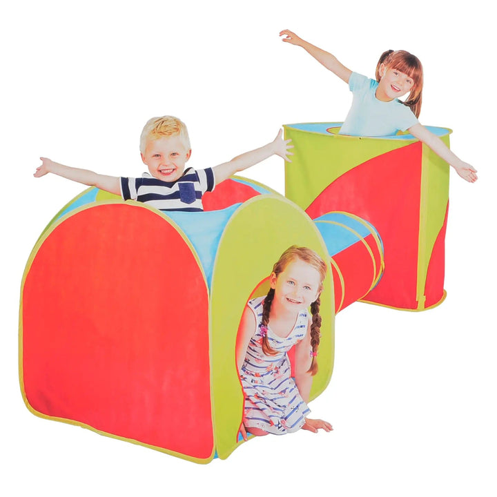 3 children playing in a linked cube, tunnel and tent play set