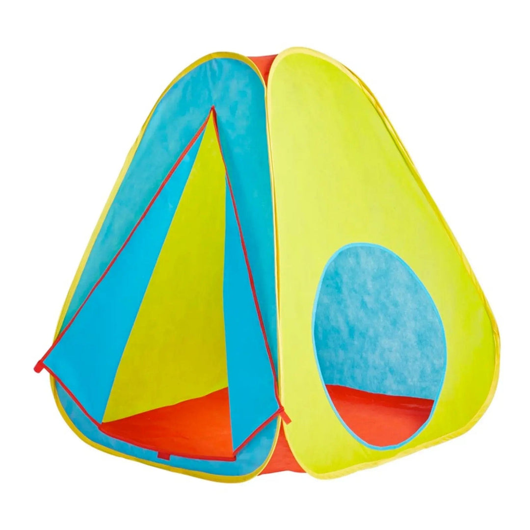 blue, green and red play tent with door flaps and round window