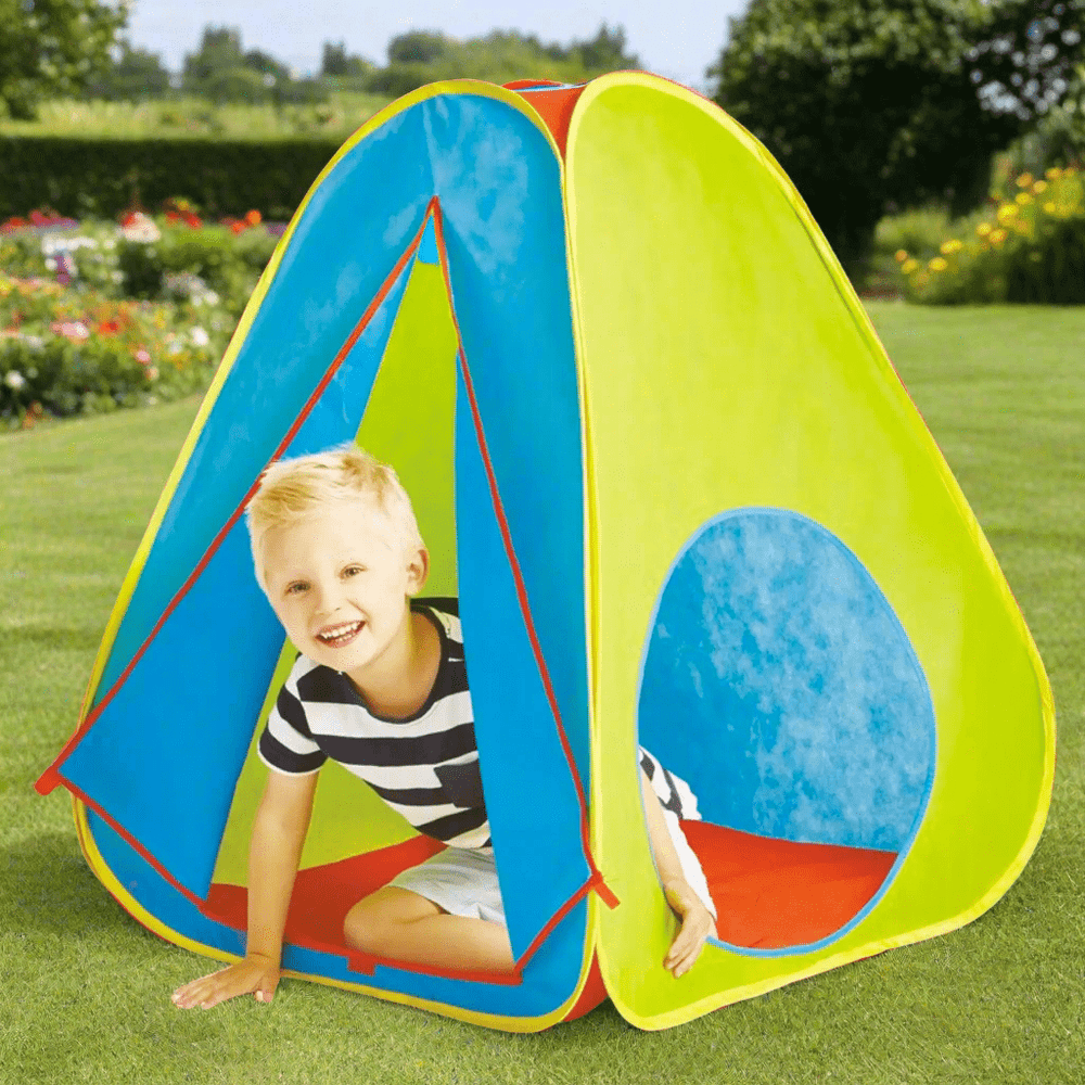 blue, green and red play tent with door flaps and round window