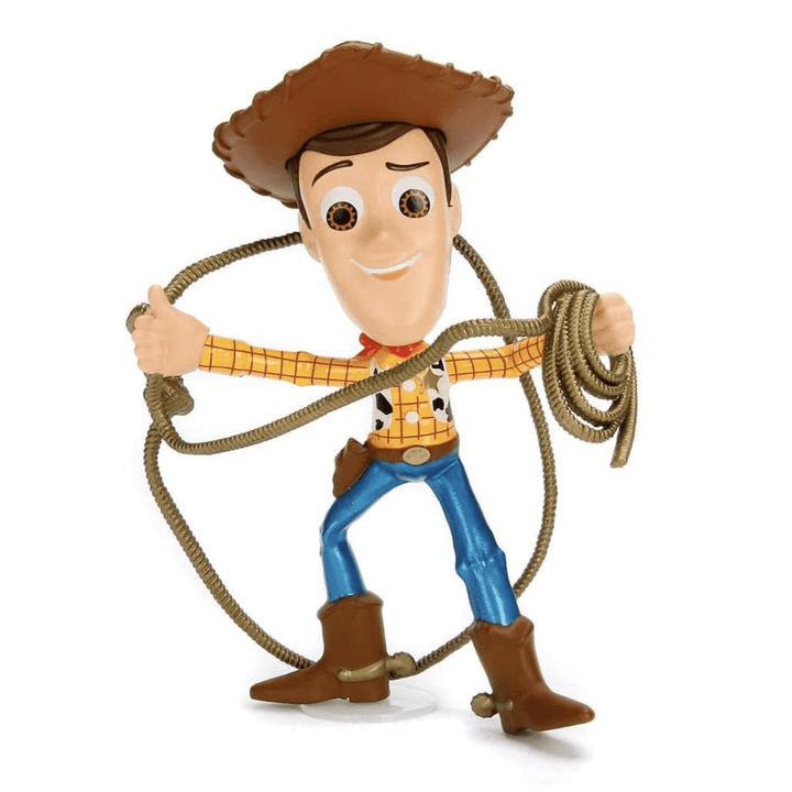 front view of die-cast woody figure wearing cowboy outfit, hat and holding a golden lasso rope