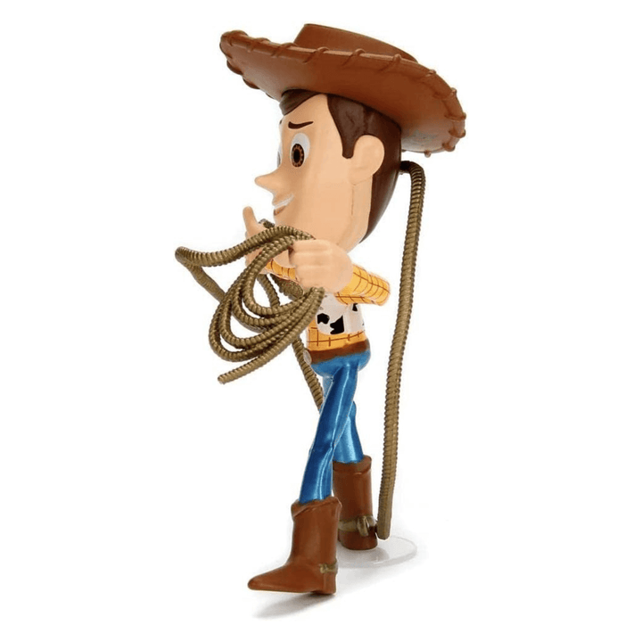 side view of woody figurine featuring shiny blue trousers and brown cowboy hat and boots