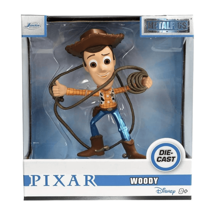 woody figurine in window display box with disney and pixar logo