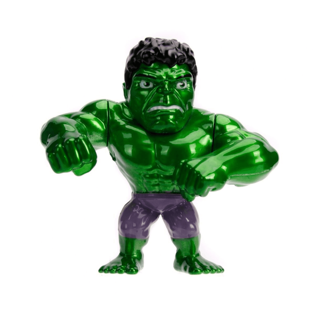 green hulk metalfigs collectible in hulk smash pose wearing purple shorts