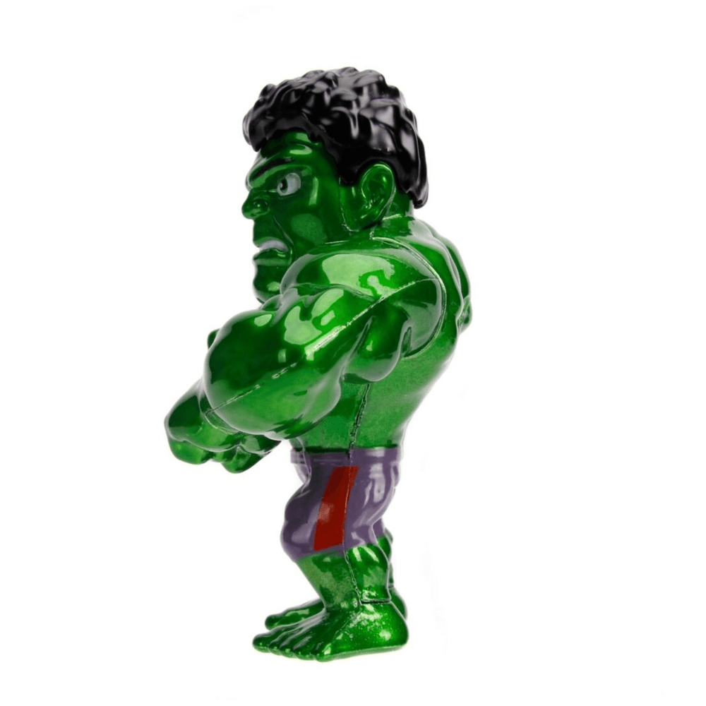 side view of hulk wearing purple shorts in hulk smash pose