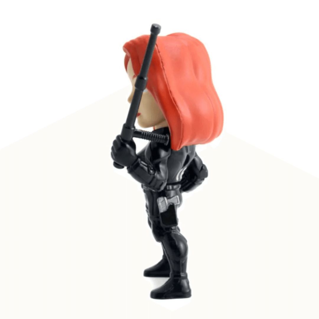 side view of black widow figurine holding detailed baton