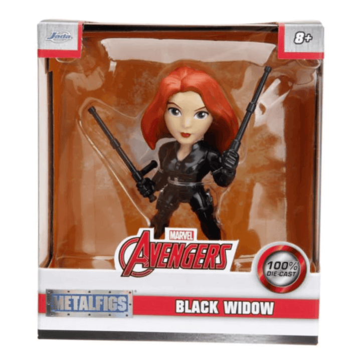 black widow firurine in window display box featuring marvel avengers logo