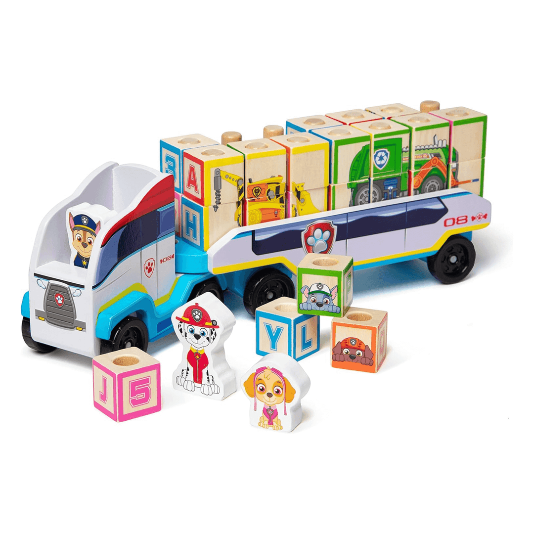 wooden block truck with wooden blocks stacked on top and paw patrol play figures