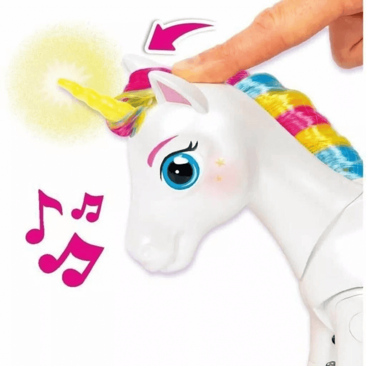 diagram suggests pushing unicorns head downwards to see unicorn horn light up and hear fun sounds.