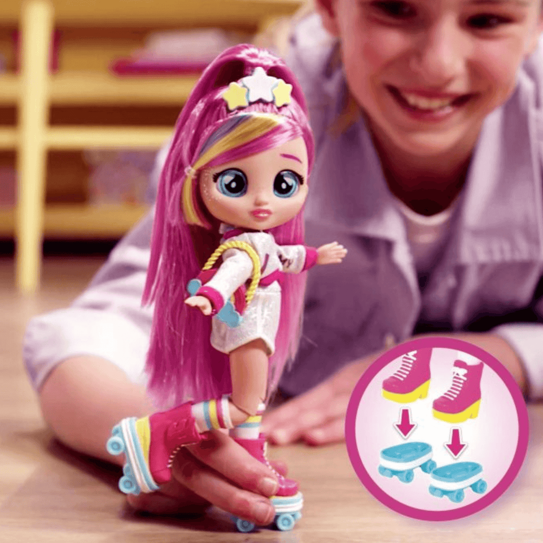 young girl plays with dreamy doll wearing roller skates with small diagram showing how they connect to the base of her shoes.