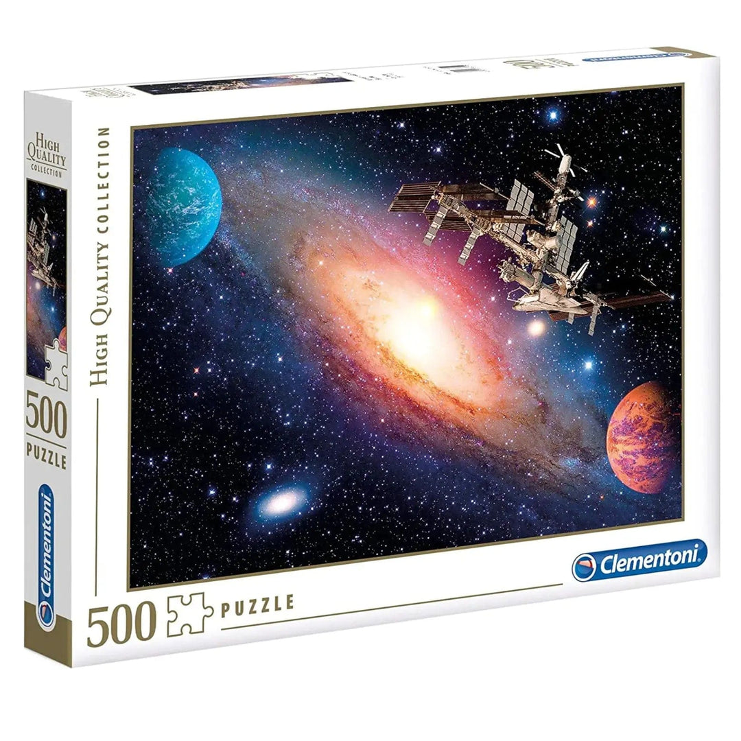 500 piece jigsaw featuring the international space station with galaxy and planets