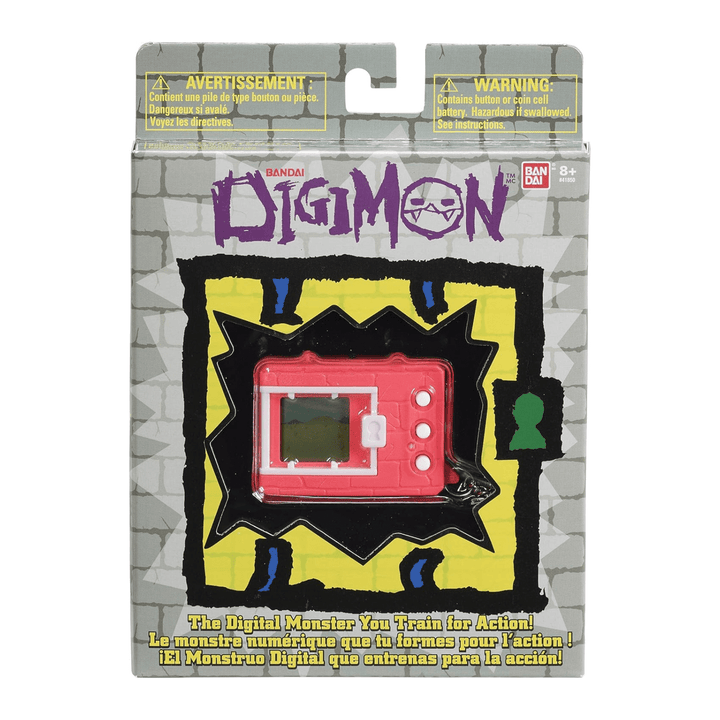 neon red and white digimon tamagotchi in product packaging