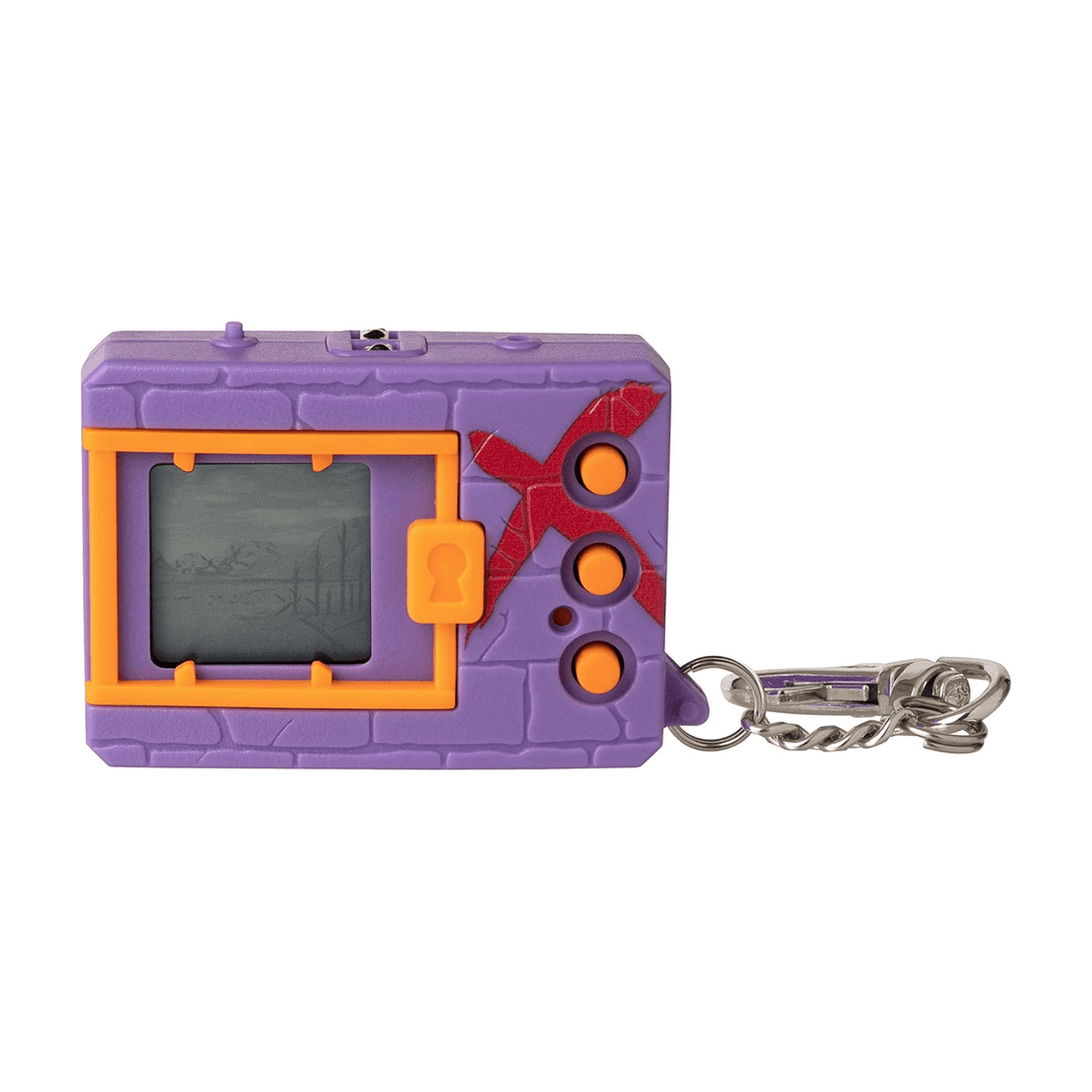 purple and red digital monster electronic game with silver key chain