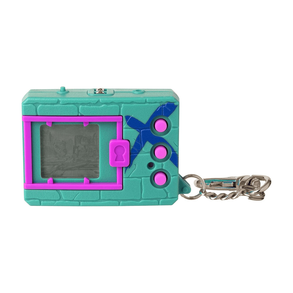 green and blue tamagotchi game with silver keychain